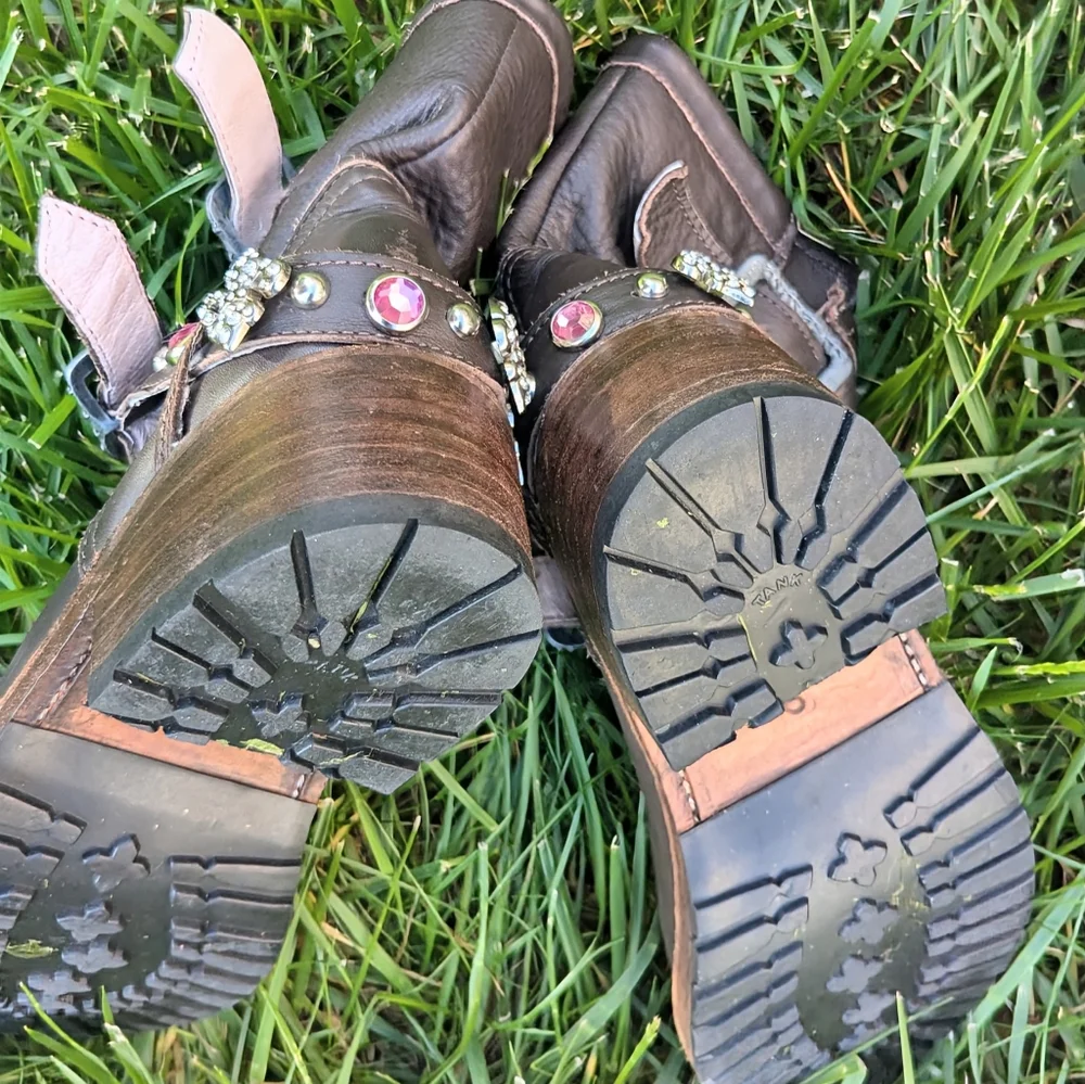 Brown Leather Cowboy Biker Moto Rare Pink Bling Boots 9 fit like 8.5 - Picture 8 of 12